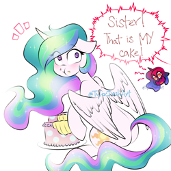 Size: 768x768 | Tagged: safe, artist:tylerdashart, princess celestia, princess luna, alicorn, pony, angry, blushing, cake, cakelestia, caught, cute, cutelestia, dialogue, duo, eating, eye clipping through hair, female, floppy ears, food, mare, royal sisters, sitting, that princess sure does love cake, wingding eyes, yelling