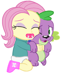 Size: 410x496 | Tagged: safe, artist:wesleyabram, fluttershy, spike, spike the regular dog, dog, equestria girls, baby, babyshy, cute, diaper, hug, pacifier, shyabetes, simple background, spikabetes, younger