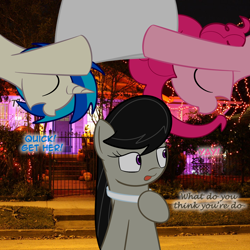 Size: 900x900 | Tagged: safe, artist:erthilo, dj pon-3, octavia melody, pinkie pie, vinyl scratch, earth pony, pony, unicorn, ask octavia, female, halloween, holiday, irl, mare, photo, ponies in real life