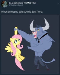 Size: 1130x1403 | Tagged: safe, fluttershy, iron will, minotaur, pegasus, pony, best pony, duo, female, gray background, male, mare, meta, necktie, nose piercing, nose ring, piercing, simple background, truth, twitter