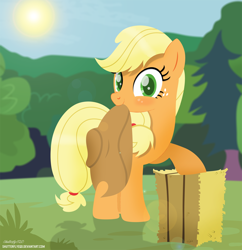 Size: 2230x2307 | Tagged: safe, artist:shutterflyeqd, applejack, earth pony, pony, cowboy hat, cute, female, freckles, hat, hay bale, mare, mouth hold, solo, stetson, sun