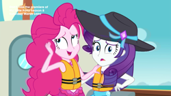 Size: 1920x1080 | Tagged: safe, screencap, pinkie pie, rarity, better together, equestria girls, the salty sails, clothes, duo, geode of shielding, geode of sugar bombs, hat, lifejacket, magical geodes, sun hat, swimsuit