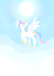 Size: 2150x3035 | Tagged: safe, artist:tan_fantazma, princess celestia, alicorn, pony, cloud, eyes closed, female, flying, high res, mare, pixiv, sky, solo, spread wings, sun, wings