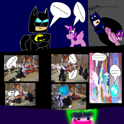 Size: 1000x1000 | Tagged: safe, artist:mylittlebicks, princess celestia, twilight sparkle, twilight sparkle (alicorn), alicorn, pony, castle, comic, engrish, eyes closed, female, lego, lego batman, male, name, open mouth, the joker, toy, wat