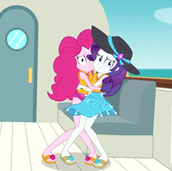Size: 1060x1056 | Tagged: safe, screencap, pinkie pie, rarity, equestria girls, equestria girls series, the salty sails, clothes, cropped, duo, feet, flip-flops, legs, not what it looks like, sandals, swimsuit