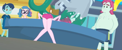 Size: 1123x468 | Tagged: safe, screencap, pinkie pie, better together, equestria girls, x marks the spot, ass, bent over, clothes, fanservice, legs, rear view, skirt, skirt lift, statue, swimming pool, swimsuit, upskirt