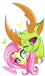 Size: 202x334 | Tagged: safe, artist:esmeia, fluttershy, thorax, changedling, changeling, pegasus, pony, blush sticker, blushing, bust, female, heart, interspecies, king thorax, male, mare, shipping, simple background, straight, thoraxshy, transparent background