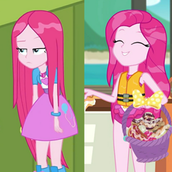 Size: 2048x2048 | Tagged: safe, screencap, pinkie pie, better together, eqg summertime shorts, equestria girls, monday blues, the salty sails, clothes, comparison, cute, cuteamena, pinkamena diane pie, swimsuit, wet hair