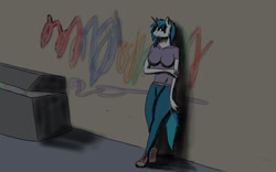 Size: 2560x1600 | Tagged: safe, artist:devilthedragon, dj pon-3, vinyl scratch, anthro, boots, cigarette, graffiti, pony ears, smoking, solo, standing