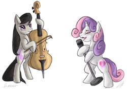 Size: 1150x800 | Tagged: safe, artist:shimazun, octavia melody, sweetie belle, earth pony, pony, duet, glowing cutie mark, lipstick, microphone, older, simple background, singing