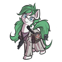 Size: 2461x2452 | Tagged: safe, artist:kalemon, oc, oc only, oc:beryl, oc:beryl (smhac), butterfly, pony, fallout equestria, clothes, fanfic, fanfic art, female, fluttershy medical saddlebag, golf club, gun, handgun, hooves, looking at you, mare, medical saddlebag, revolver, saddle bag, simple background, smiling, solo, weapon, white background