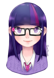 Size: 654x940 | Tagged: safe, artist:gomhoren, derpibooru import, twilight sparkle, human, bust, colored pupils, glasses, humanized, simple background, solo, white background