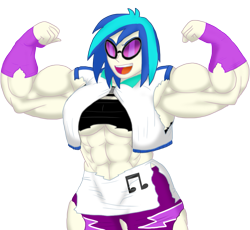 Size: 931x856 | Tagged: safe, artist:advanceddefense, dj pon-3, vinyl scratch, human, armpits, breasts, clothes, female, flexing, humanized, muscle expansion, muscle growth, muscles, overdeveloped muscles, ripping clothes, simple background, solo, torn clothes, transparent background, underboob, vinyl smash, vinyl stacked, wardrobe malfunction