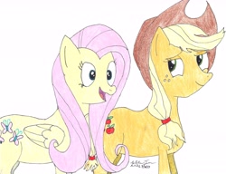 Size: 6101x4676 | Tagged: safe, artist:willtngl, applejack, fluttershy, earth pony, pegasus, pony, absurd resolution, appleshy, female, lesbian, shipping, traditional art