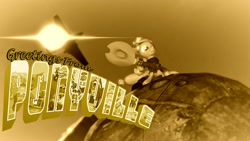 Size: 1280x720 | Tagged: safe, artist:dj-chopin, applejack, earth pony, pony, 3d, atomic bomb, autumn, bomb, crossover, dr. strangelove, fallout, flare, nuclear weapon, pipbuck, plane, postcard, solo, weapon