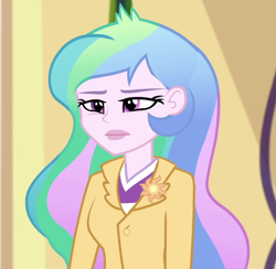 Size: 1070x1045 | Tagged: safe, screencap, princess celestia, principal celestia, better together, equestria girls, holidays unwrapped, blazer, blizzard or bust, canterlot high, celestia is not amused, celestia's office, cropped, cutie mark accessory, disappointed, female, solo, unamused