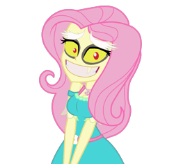 Size: 1900x1800 | Tagged: safe, artist:mashoart, discord, fluttershy, better together, equestria girls, bare shoulders, bodysuit, crossdressing, cursed image, disguise, fluttershy suit, grin, jesus christ how horrifying, looking at you, male, nightmare fuel, oh god, shapeshifting, simple background, smiling, transparent background, trap, x was discord all along