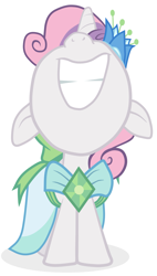 Size: 1707x3000 | Tagged: safe, artist:arcum42, sweetie belle, make new friends but keep discord, clothes, dress, gala dress, grin, nose in the air, simple background, solo, white background