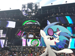 Size: 1024x768 | Tagged: safe, artist:scourge707, edit, dj pon-3, vinyl scratch, concert, irl, photo, ponies in real life, solo, umf