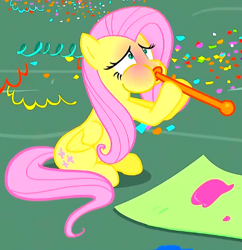 Size: 474x490 | Tagged: safe, screencap, fluttershy, pegasus, pony, party pooped, balloon, blowing, blowing up balloons, cropped, solo