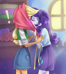 Size: 1320x1489 | Tagged: safe, artist:tcn1205, derpibooru exclusive, applejack, rarity, human, equestria girls, clothes, exclamation point, eyes closed, female, humanized, kissing, lesbian, pony coloring, rarijack, room, shipping, skirt, window