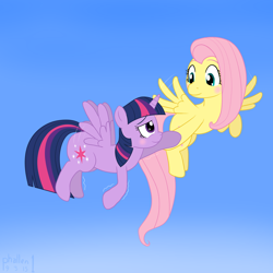 Size: 1500x1500 | Tagged: safe, artist:phallen1, derpibooru import, fluttershy, twilight sparkle, twilight sparkle (alicorn), alicorn, pegasus, pony, female, flying, mare, newbie artist training grounds, simple background