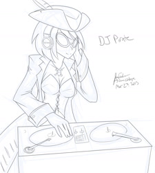 Size: 1280x1424 | Tagged: safe, artist:jonfawkes, dj pon-3, vinyl scratch, human, 30 minute art challenge, black and white, grayscale, headphones, humanized, monochrome, pirate, turntable