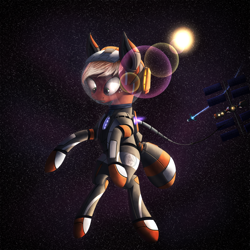 Size: 5000x5000 | Tagged: safe, artist:quefortia, applejack, earth pony, pony, absurd resolution, astronaut, female, mare, solo, space, space station, spacesuit, sun, tether