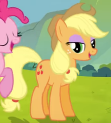 Size: 344x379 | Tagged: safe, screencap, applejack, pinkie pie, earth pony, pony, spoiler:s07, commercial, eyeshadow, makeup