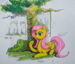 Size: 3595x3076 | Tagged: safe, artist:angusdra, fluttershy, bird, pegasus, pony, abstract background, cutie mark, female, lying down, mare, solo, traditional art, tree, vine