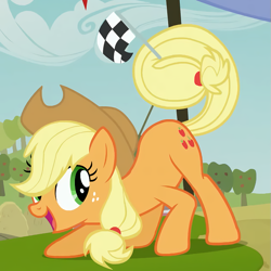 Size: 627x627 | Tagged: safe, screencap, applejack, earth pony, pony, apple family reunion, cropped, female, flag, happy, hat, mare, open mouth, solo, tail hold