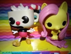 Size: 960x720 | Tagged: safe, artist:user15432, fluttershy, seapony (g4), my little pony: the movie, spoiler:my little pony the movie, cuphead, cuphead (character), figure, funko, funko figure, funko pop!, hasbro, irl, photo, seaponified, seapony fluttershy, species swap, studio mdhr, toy, toyshy