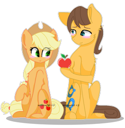 Size: 793x813 | Tagged: safe, artist:written145, applejack, caramel, earth pony, pony, apple, carajack, female, food, male, shipping, simple background, straight, transparent background