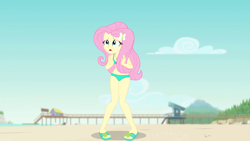 Size: 1920x1080 | Tagged: safe, artist:gabosor, edit, edited screencap, editor:slayerbvc, screencap, fluttershy, better together, equestria girls, forgotten friendship, beach, bikini, clothes, flip-flops, geode of fauna, green swimsuit, ms paint, nervous, paint.net, sandals, solo, swimsuit, swimsuit edit