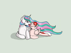 Size: 900x675 | Tagged: safe, artist:stripesgullet, princess celestia, oc, alicorn, pegasus, pony, comic:the students rest, duo, female, licking, male, missing accessory, tongue out