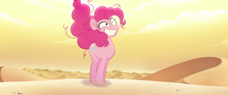 Size: 1920x804 | Tagged: safe, screencap, pinkie pie, earth pony, pony, my little pony: the movie, bone dry desert, crazy face, cute, desert, desert sun madness, diapinkes, faic, frustrated, happiness, happy, insanity, messy mane, smiling, solo