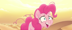 Size: 1920x804 | Tagged: safe, screencap, pinkie pie, earth pony, pony, my little pony: the movie, bags under eyes, bone dry desert, desert, desert sun madness, exhausted, faic, insanity, laughing, messy mane, sweat
