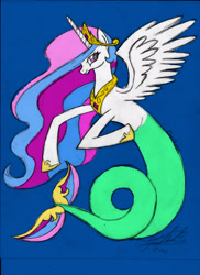 Size: 1700x2338 | Tagged: safe, artist:fizzyrox, princess celestia, seapony (g4), capricorn, colored, crown, female, hoof shoes, jewelry, peytral, regalia, sealestia, seaponified, seapony celestia, signature, solo, species swap