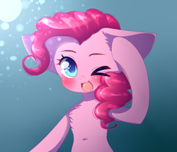 Size: 1599x1376 | Tagged: safe, artist:lnspira, pinkie pie, earth pony, pony, blushing, chest fluff, cute, diapinkes, ear fluff, floppy ears, one eye closed, open mouth, solo, wink