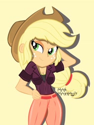 Size: 1936x2592 | Tagged: safe, artist:maxmaximu5, applejack, equestria girls, clothes, simple background, solo, yellow background