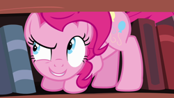 Size: 1280x720 | Tagged: safe, screencap, pinkie pie, earth pony, pony, pinkie apple pie, book, bookcase, bookshelf, golden oaks library, smiling, solo