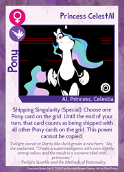 Size: 788x1088 | Tagged: safe, artist:pixel-prism, princess celestia, oc, oc:celestai, alicorn, pony, fanfic:friendship is optimal, artificial intelligence, harry potter and the methods of rationality, implied rarity, implied twilight sparkle, patreon, patreon logo, singularity, trading card, transcript in description, twilight sparkle's secret shipfic folder
