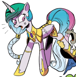 Size: 423x428 | Tagged: safe, idw, discord, princess celestia, alicorn, draconequus, pony, spoiler:comic, spoiler:comic75, armor