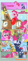 Size: 1919x4225 | Tagged: safe, artist:estories, pinkie pie, oc, oc:silverlay, earth pony, pony, unicorn, comic:a(pple)ffection, balloon, bow, cake, clock tower, comic, confetti, female, foam finger, food, mare, tail bow, welcome wagon