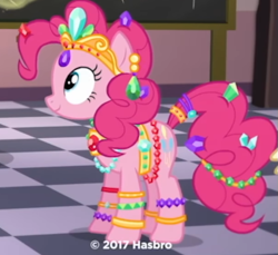 Size: 605x553 | Tagged: safe, screencap, pinkie pie, earth pony, pony, cropped, fundamentals of magic✨ w/ princess celestia, jewelry, solo, youtube link