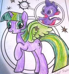 Size: 865x923 | Tagged: safe, derpibooru import, spike, twilight sparkle, twilight sparkle (alicorn), alicorn, dragon, pony, coloring, coloring page, female, mare, palette swap, traditional art