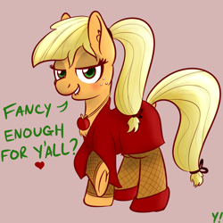 Size: 1500x1500 | Tagged: safe, artist:yakoshi, applejack, earth pony, pony, blushing, clothes, fishnet stockings, lipstick, solo, underhoof