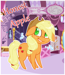 Size: 660x768 | Tagged: safe, artist:esmeia, applejack, earth pony, pony, honest apple, carousel boutique, female, floppy ears, freckles, hat, mare, solo, story included, title card, wavy mouth