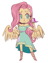 Size: 1294x1709 | Tagged: safe, artist:nounoo, fluttershy, bird, better together, equestria girls, clothes, dress, female, looking at you, ponied up, simple background, solo, white background