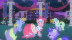 Size: 1280x720 | Tagged: safe, screencap, amethyst star, drizzle, parasol, pinkie pie, sparkler, spring forward, earth pony, pony, unicorn, the best night ever, clothes, dress, eyes closed, female, flower, flower in hair, gala dress, mare